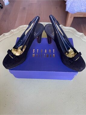 Vintage Stuart Weitzman Black Suede Platform Slingback Heels with Bow